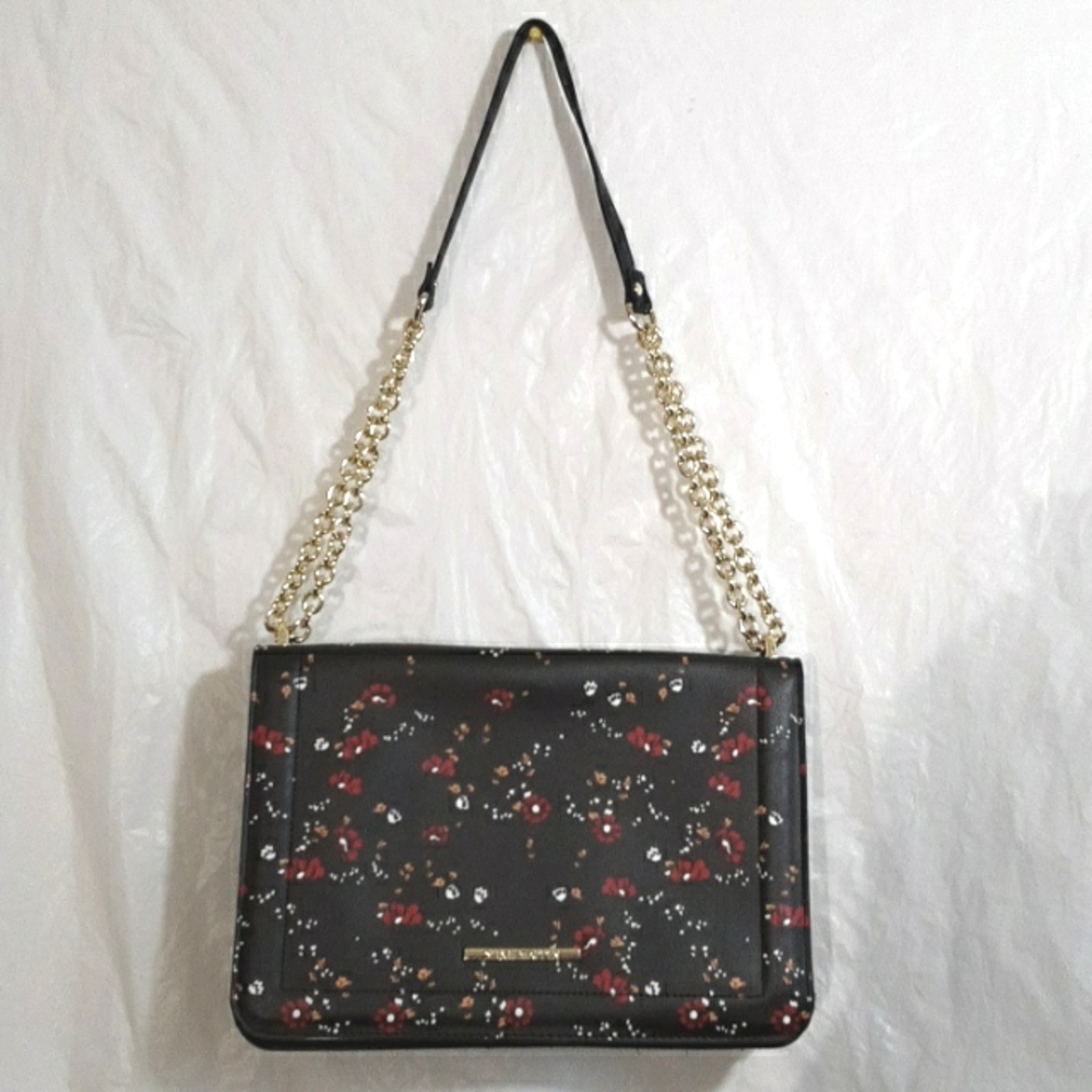 Steve Madden Black and Floral Leather Sachel with Gold Chain Straps